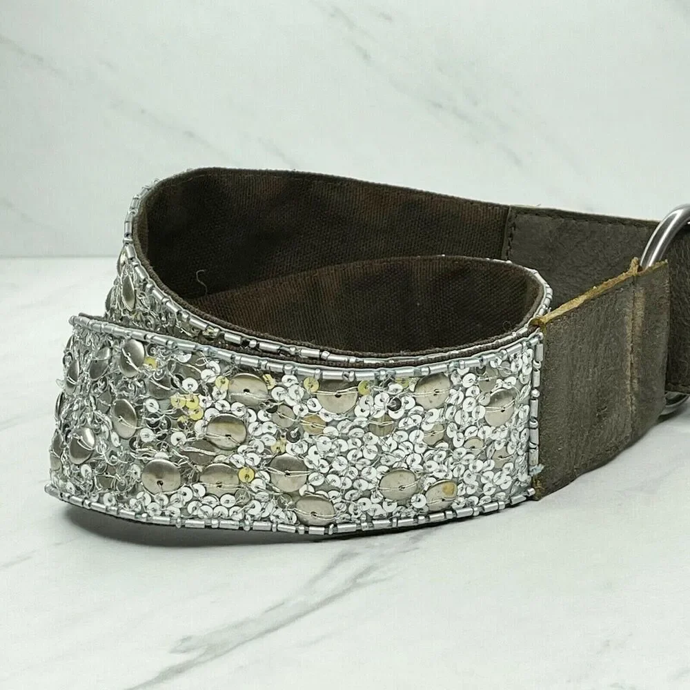 Old Navy Wide Sequin D-Ring Belt Genuine Leather Trim Small (S) ✨